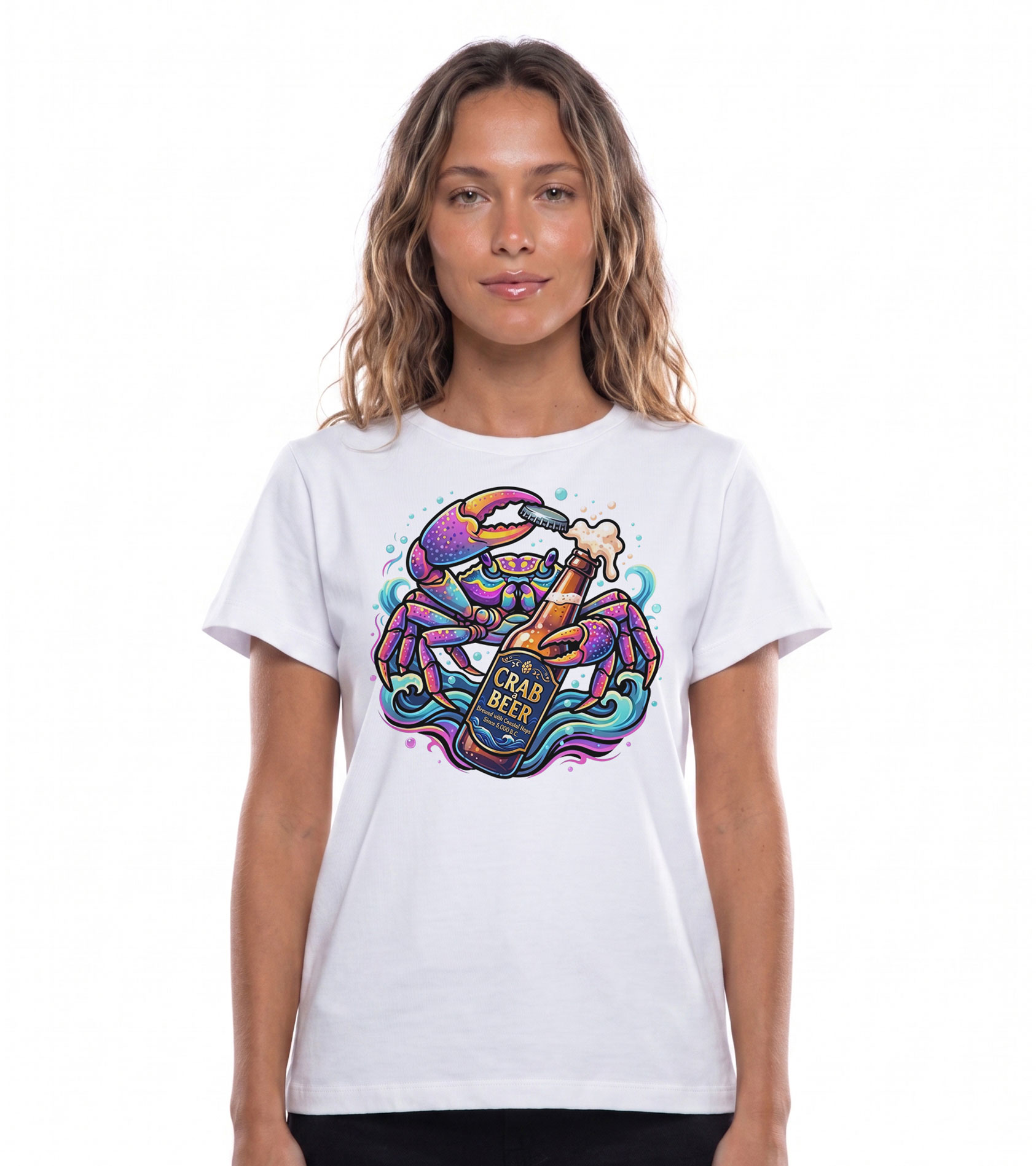 Crab a Beer -camiseta feminina branca frente